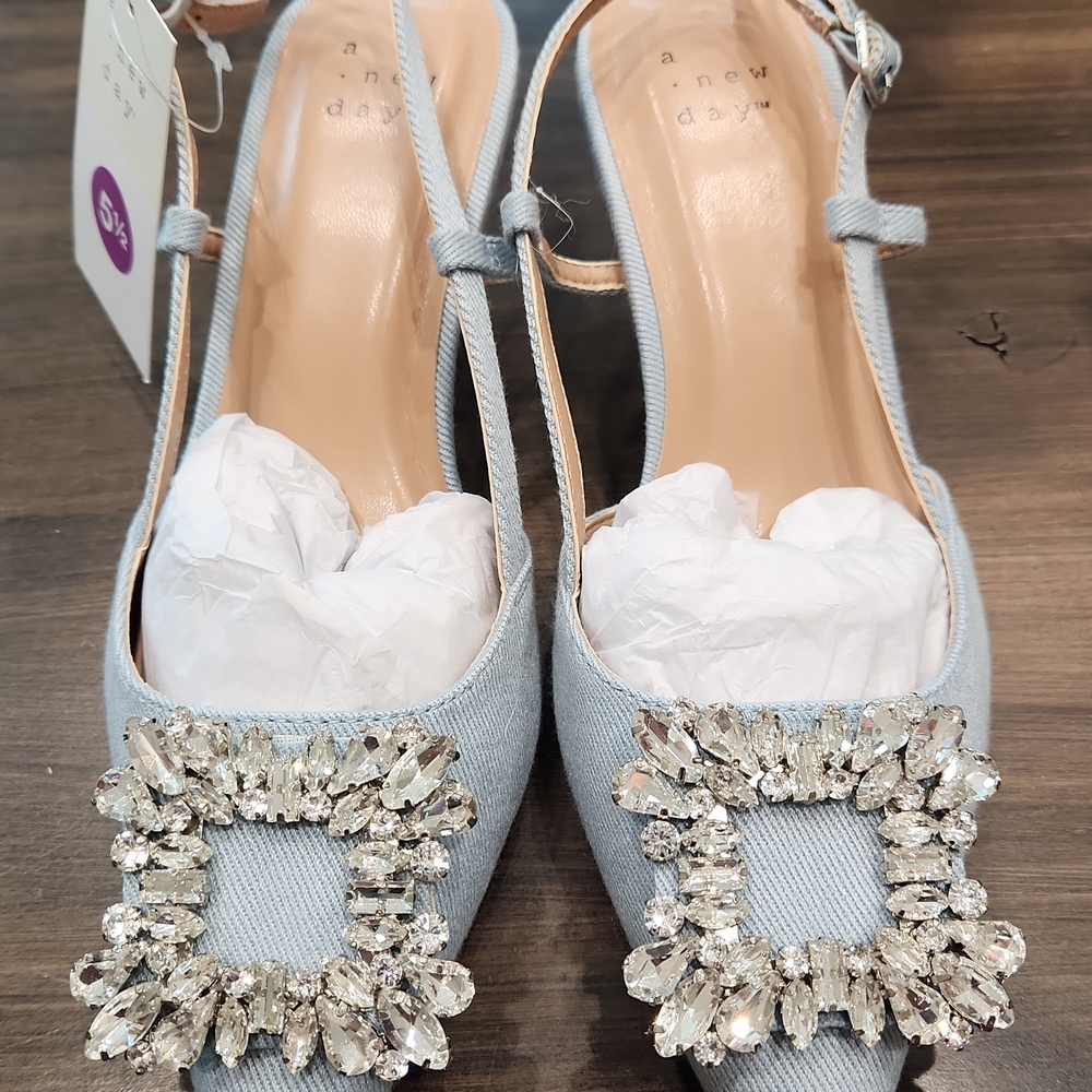 A New Day Women's Light Blue Jeweled Heels Dressy Spring Denim